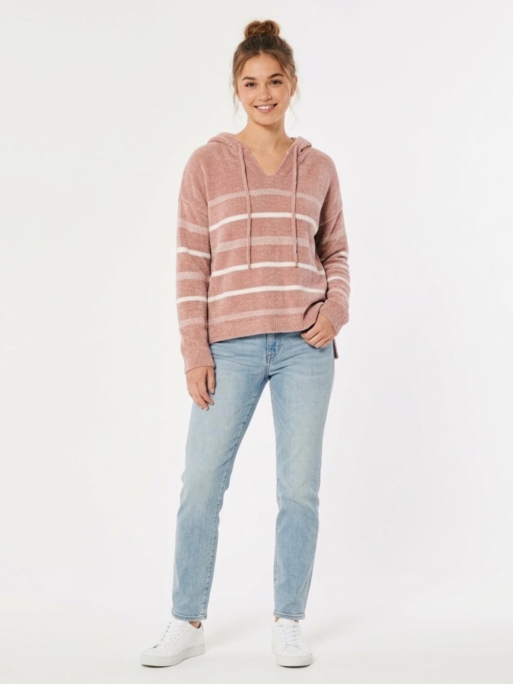 Rachel Zoe Dusty Pink Striped V-Neck Hoodie Sweater